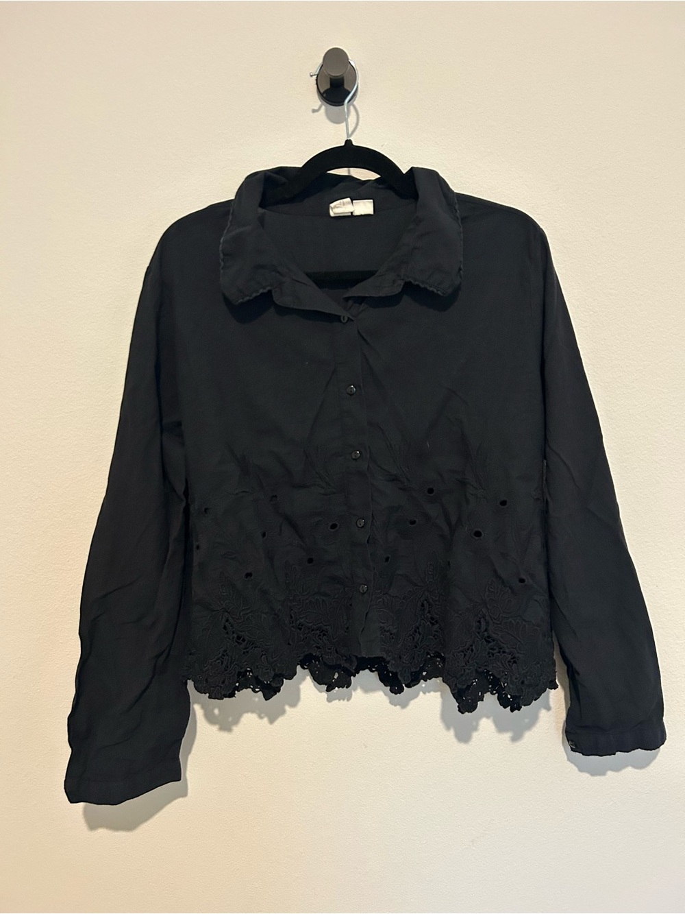 Joie Black Button-Front Eyelet Hem Blouse